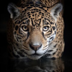 Fototapeta premium Jaguar symmetrical close-up with mirrored framing and copy space above