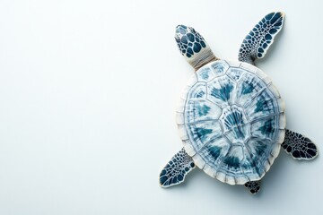 Fototapeta premium Top-down view of turtle showcasing intricate shell patterns against a minimalist white background