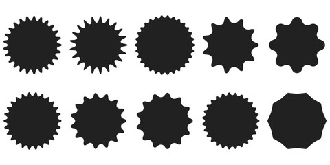 Collection of black starburst shapes price tags, sale stickers or promotional labels. Each badge varies in design, perfect for web, app, print mockups. Vector bold silhouettes for marketing use