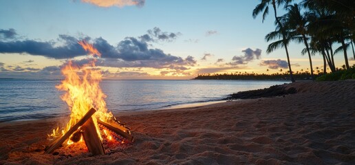 Naklejka premium Beach bonfire at sunset tropical seascape fire on sand ocean view tranquil evening