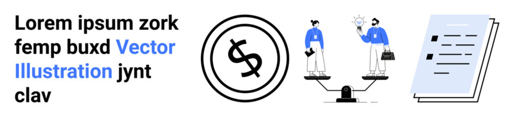 Dollar symbol, professionals balanced on scales holding briefcase and light bulb, and document. Ideal for finance, equality, decision-making, business, career, leadership modern economy abstract