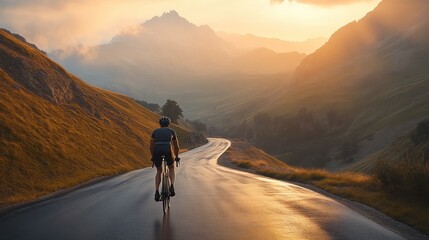 Fototapeta premium Cyclist Riding on a Winding Mountain Road at Sunset Adventure in Nature Outdoor Sports Fitne