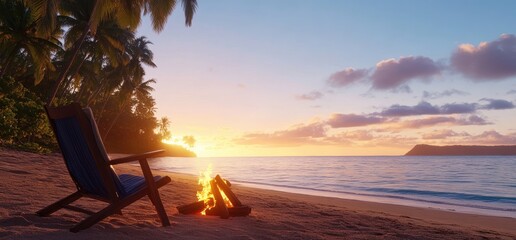 Fototapeta premium Beach chair and campfire at sunset tropical seascape holiday relaxation