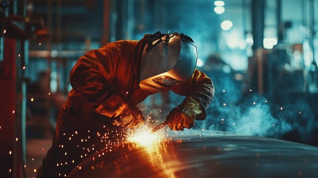 Boilermaker welding a pressurized tank at an industrial facility. Featuring metal fabrication