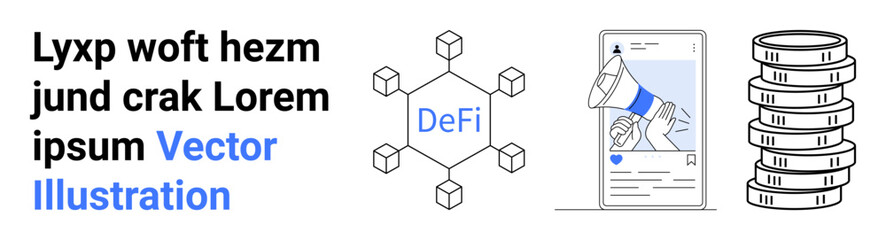 Blockchain cubes connecting DeFi, digital device with megaphone icon, stacked coins. Ideal for fintech, blockchain, crypto, digital strategy, online marketing, investment simple landing page