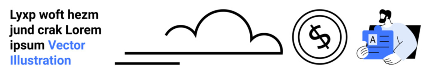 Abstract cloud, horizontal lines, circular financial icon, professional holding financial document. Ideal for finance, economics, technology concepts, data analysis, business operations digital