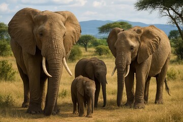 Obraz premium Elephant family enjoying african savanna landscape