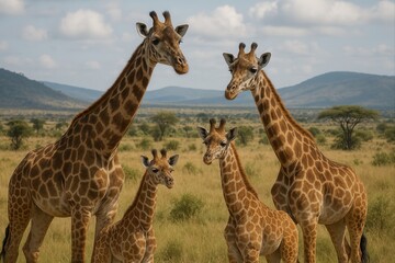 Obraz premium Giraffe family enjoying african savanna landscape
