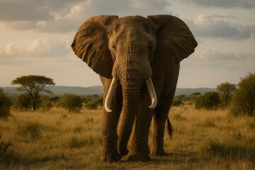 Obraz premium Majestic elephant walking in the african savanna at sunset