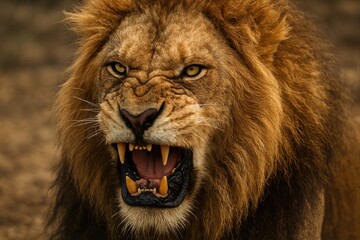 Fototapeta premium Roaring Lion Showing Teeth and Claws in a Close-up Portrait