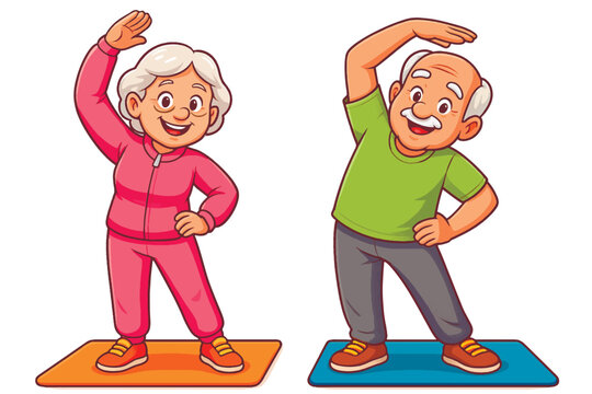 Cartoon-style vector illustration of a smiling elderly couple doing stretching exercises on yoga mats, dressed in bright athletic clothing, set against a clean white positive background.