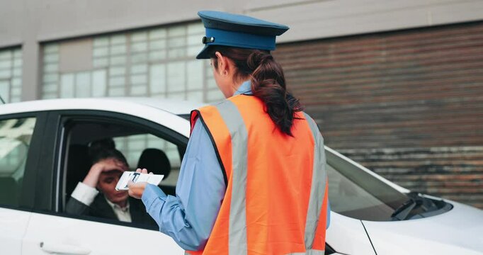 Car, woman and talking to traffic cop, warning and conversation for mistake by driver and commuting. Unhappy, mature person and thinking of violation on road, police officer and public safety in city