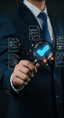 Quality Check: Magnifying Glass Showing Approval, Compliance, and Standards. Ensuring Accuracy & Verification.