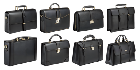 various black leather briefcases on transparent background