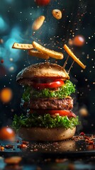 Juicy gourmet burger with fries exploding in air, lettuce, tomatoes, beef patties and sesame bun in dramatic fast food composition
