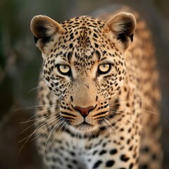 Fototapeta premium Leopard symmetrical close-up with soft lighting and centered framing