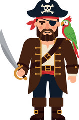 Pirate character with a sword and parrot, flat design vector illustration