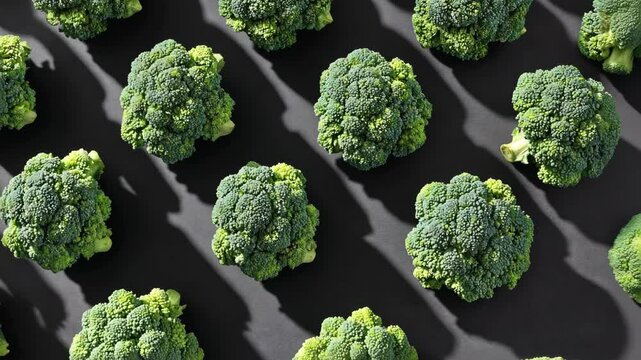 Overhead view of multiple broccoli florets evenly spaced on a dark surface creating a natural pattern with shadows