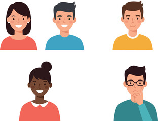 Fototapeta premium Four diverse individuals smiling and thinking in a flat, minimal design vector illustration