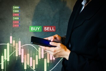 Hand choosing buy or sell in stock market, financial trading decision concept, investment risk,...
