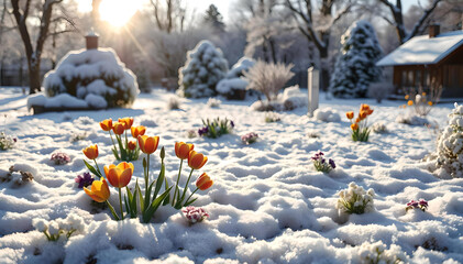Frozen grass and colorful flowers defy winter’s chill, glowing with icy beauty amidst snow-covered trees—nature’s vibrant resilience preserved in a crystal garden