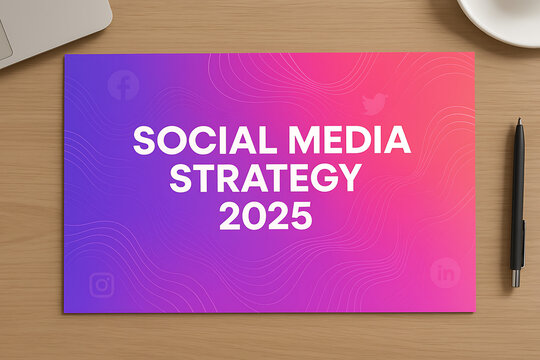 Colorful Social Media Strategy 2025 Cover with Purple and Pink Gradient Featuring Social Icons on Wooden Desk with Pen and Laptop for Digital Marketing Presentation