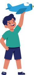 Fototapeta premium Happy boy holding a blue toy airplane in a playful, colorful flat vector illustration
