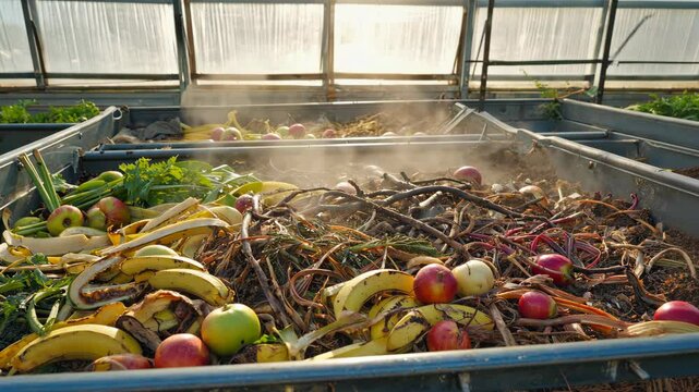 Compost pile in a metal container inside greenhouse with apples, celery, and banana peels with steam rising in the sunlight