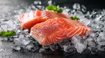 Raw salmon fish on ice cubes. Premium background