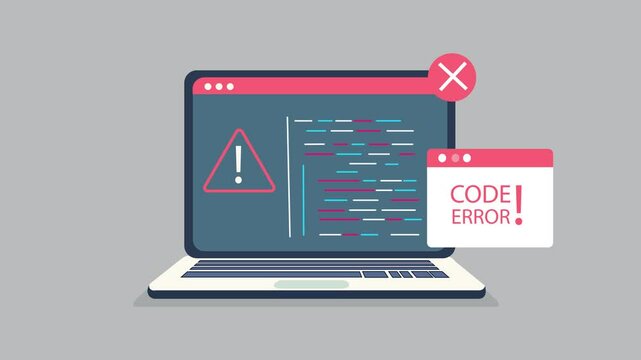 Code with an error symbol on laptop screen with warning triangle flat design animation. coding error or programming mistakes concept.