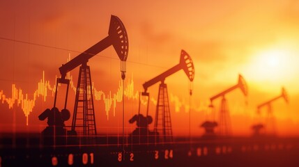 Oil pumps operate at sunset, silhouetted against a vibrant orange sky while oil prices fluctuate on a digital screen, highlighting the connection between energy production and market dynamics