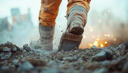 Fototapeta premium A worker using a jackhammer to break concrete on a road construction site, Construction, Powerful and skilled