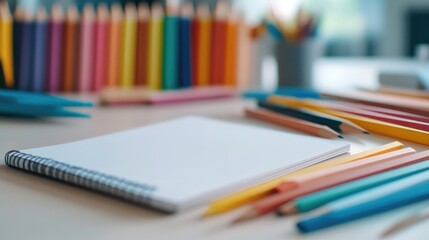 Blank notebook with colored pencils for art and design projects creative workspace