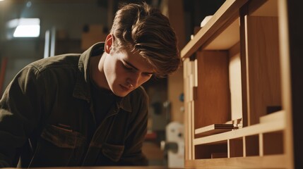 Carpenter assembling wooden cabinets in a workshop. Featuring cabinetry skills