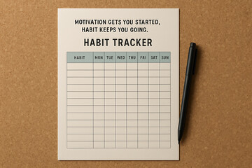 Minimalist Habit Tracker with Motivational Quote and Weekly Grid for Daily Routine and Productivity on Beige Paper with Pen on Cork Textured Background