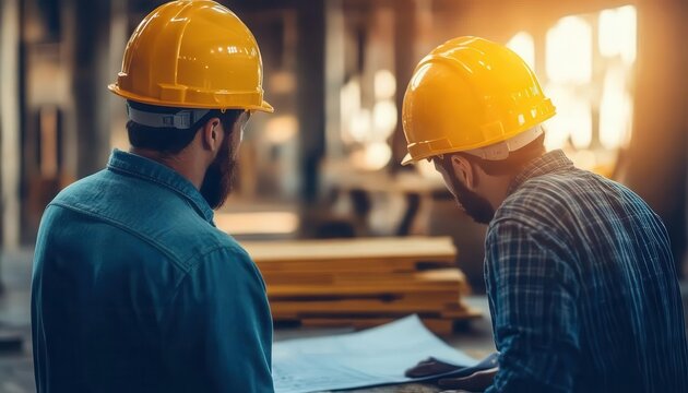 Engineers collaborating on a blueprint design for a new construction project, Engineering, Technical and creative