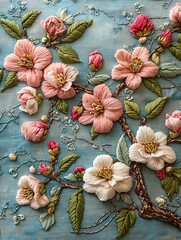 Fototapeta premium A blooming apple branch with soft pink blossoms, embroidered with Ukrainian ornaments