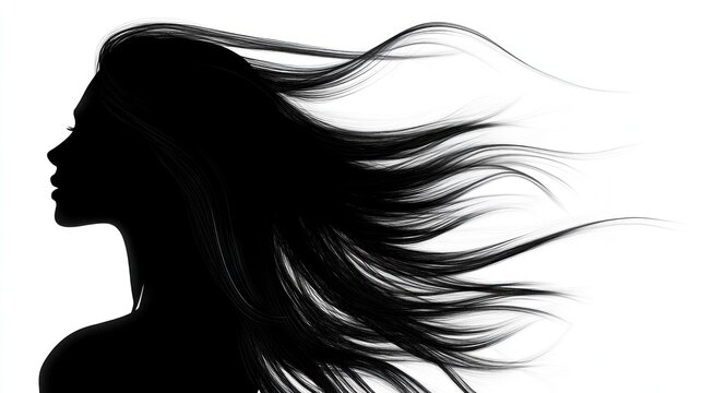 Windswept woman's silhouette with flowing hair.