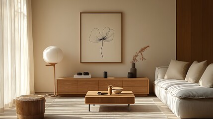 Minimal Cozy Room Clean Aesthetic Framed Flower Drawing Warm Wood Floor photo