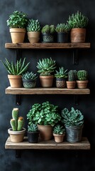 Assorted Potted Plants on Rustic Wooden Shelves Against a Dark Textured Wall, Indoor Gardening and Home Decor Concept.