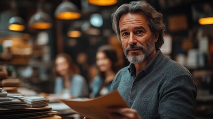Fototapeta premium A mature individual in a cozy warmly lit setting holding documents and surrounded by colleagu
