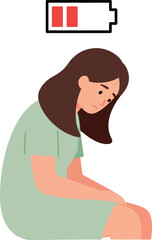 A tired woman sitting with a low battery icon above her head in minimal vector art
