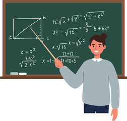Teacher explaining mathematics on a chalkboard in a flat vector illustration