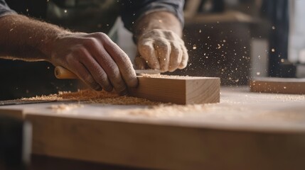 Carpenter crafting a custom wooden desk for an office. Featuring woodworking and office furniture design