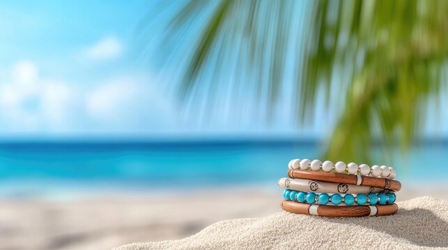 Bracelets stacked on sandy beach fashion accessories for vacation and style