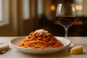 Spaghetti bolognese, italian gourmet, glass of wine