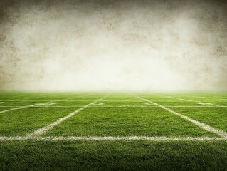 Vintagestyle photo of green football field with faded lines and rustic vibe