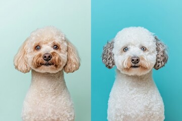 Dog grooming transformation showcases clean and messy fur in playful split-screen style