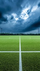 Obraz premium Wide panoramic view of green soccer pitch under dramatic sky lighting