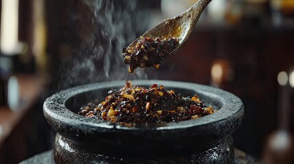 Close-up of a spoon lifting chunky chili-garlic paste from a mortar with a rustic background
